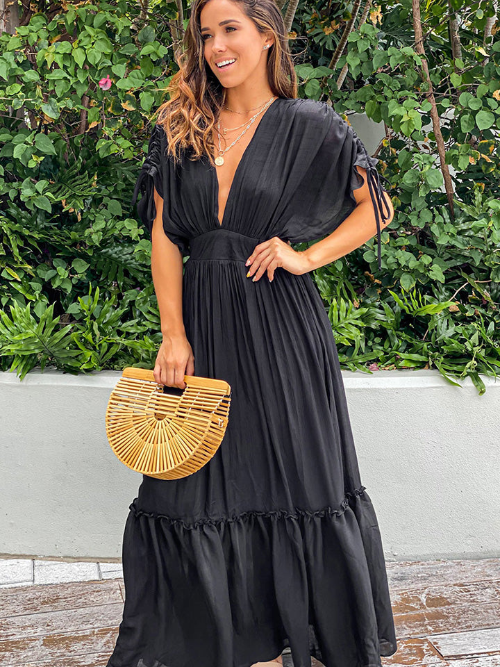 Plunge Neck Tie Sleeve Maxi Dress - Wedeh's Fashion